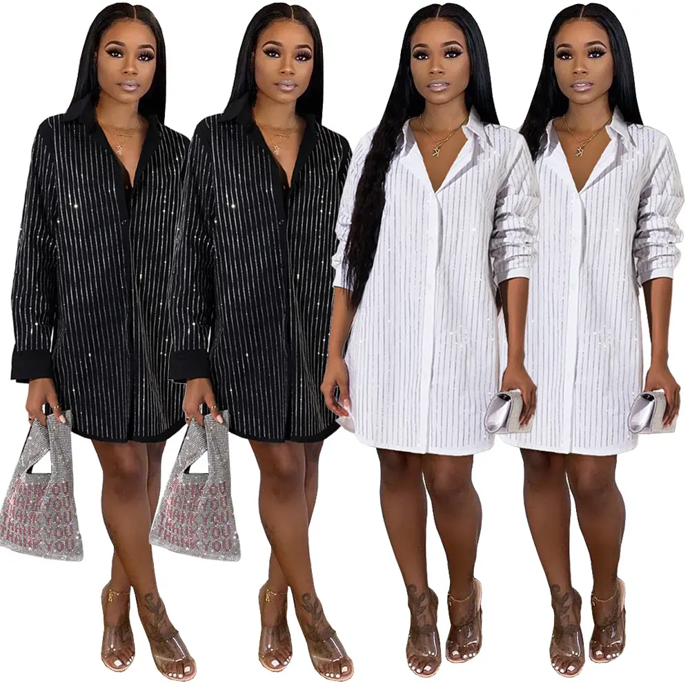 casual white and black rhinestone stripe shirt dresses High Womens Fashion Clothing