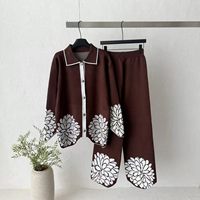Ensemble élégant d'été en maille jacquard pour femme, avec cardigan à col boutonné et pantalon large, anti-plis