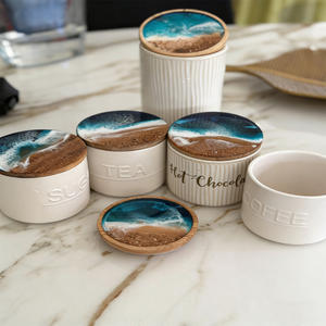 Sous-verres et couvercles de bocaux en bois, motif vague océanique, faits à la main |   Couvre-tasses en bois d'acacia/olivier au design <span class=keywords><strong>plage</strong></span> en résine - Product Image 2