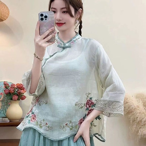 Traditional Chinese Embroidered Mid Sleeve Top Purple Women's Tea Dress Style - Product Image 2