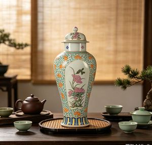 Vaso Antico da Collezione in Porcellana Cantonese Famille Rose con Motivo a Spirale <span class=keywords><strong>Turchese</strong></span>, Finestra Aperta e Fiore di Loto, Vaso per Zenzero con Coperchio - Product Image 1