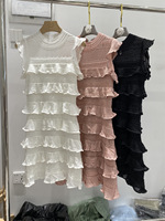 Robe midi en maille de haute qualité pour femme, style élégant, col rond, sans manches, avec découpes et volants, coupe trapèze, idéale pour l'été
