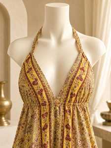 Women's Silk Floral Halter V-neck Floor-Length Chiffon Woven Summer Boho <b>Beach</b> Flowy A-Line Dress Holiday Celebration - Product Image 6