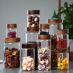 대형 투명 아카시아 나무 뚜껑 유리 저장 용기 나사형 입구 주방 밀폐 유리 용기 유리병 세트 - Product Image 6