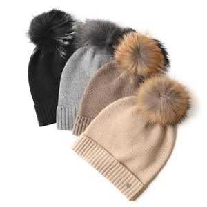 Mongolie cachemire marque de luxe concepteur pompon tricoté 100% cachemire bonnet tricoté chapeau d'hiver avec fourrure - Product Image 4