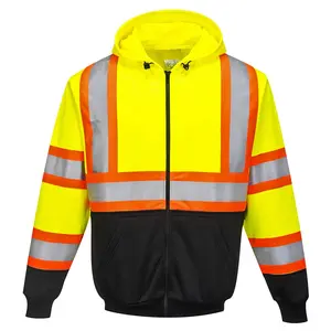 สีส้ม Hi-Viz เสื้อฮู้ดความปลอดภัยเสื้อสวมหัวแขนยาวการมองเห็นสูงฝนความปลอดภัยเสื้อฮู้ดสะท้อนแสง