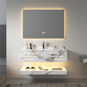 Meuble-lavabo mural moderne OEM Sinered avec miroir LED intelligent, dessus en marbre facile à nettoyer et double vasque - Product Image 2