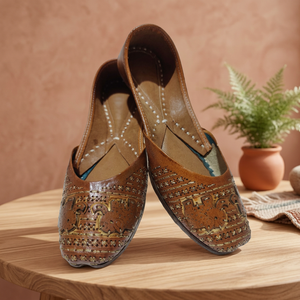 BS INTERNATIONAL - Zapatos de Mujer Hechos a Mano en Cuero Genuino, Diseño Tradicional Indio, Decoración Floral, Patrón a Cuadros, Cierre de Cremallera - Product Image 1