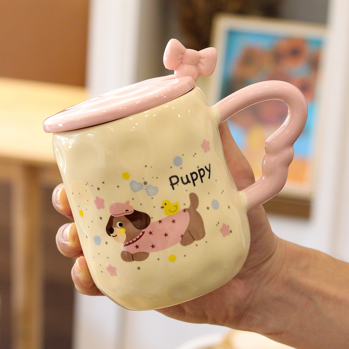 Volver pequeño pato amarillo Dachshund/taza cubierta de cuchara