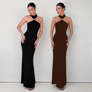 High Quality Elegant Floor-Length Natural Evening Gown Slit Metal Buckle O-<b>Neck</b> Sleeveless Backless Women's Solid Plain Dyed - Product Image 1