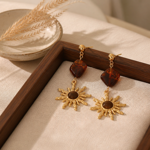 Boucles d'oreilles pendantes œil <span class=keywords><strong>de</strong></span> tigre effet soleil pour femme, en acier inoxydable plaqué or 18 carats, perles ambre facettées, bijoux vintage, cadeau, vente en gros - Product Image 3