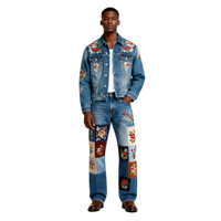 Ensemble de jeans ample délavés avec broderie d'appliques à motif floral personnalisé pour hommes avec taille haute et jambe large