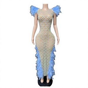 Vestido de Noche Personalizado Azul Formal con Plumas y Lentejuelas, Malla Iridiscente, para Actuaciones Escénicas, Drag Queen, Fiesta de Cumpleaños - Product Image 2