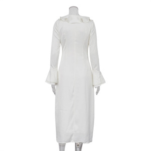 Elegante clásico sólido <span class=keywords><strong>vestido</strong></span> de mujer 2024 Casual cuello con volantes manga larga <span class=keywords><strong>Midi</strong></span> Bodycon <span class=keywords><strong>Beige</strong></span> satén <span class=keywords><strong>vestido</strong></span> de mujer - Product Image 6