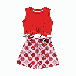 Ensemble 2 pièces d'été personnalisable pour enfants : haut court à nouer en tissu tricoté respirant style vintage et short - Product Image 2