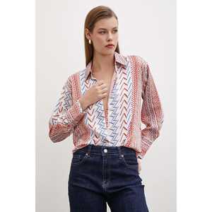 Camisa de Botones con Estampado Étnico para Mujer, Popelina Roja, Informal, para Uso Diario - Product Image 6