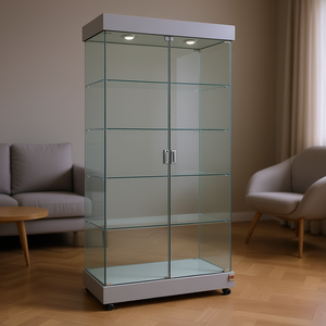 Modern Display Cabinet With Tempered Glass 93x46x188 Cm <b>Light</b> Grey <b>Hinged</b> Lockable Doors Top Halogen <b>Lights</b> Hidden Castors - Product Image 3