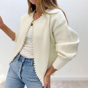 Pearl Trim Knitted <b>Cardigan</b> <b>Sweater</b> One Size Loose Fit Solid Color Women's <b>Cardigan</b> - Product Image 1