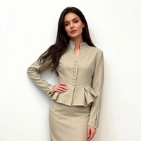 Costume deux pièces pour femme, blazer et jupe élégants et décontractés, en spandex/polyester, coupe ajustée, col montant, motif uni, automne, longueur totale