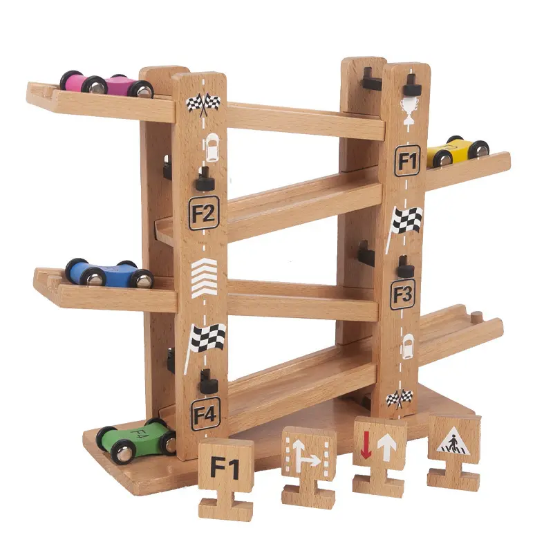 New Product Natural Wood Children Wooden Assembly Four-rail Glider Game Kids Educational Wooden Ramp Race Car Toy for Child