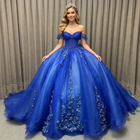 Robe de bal de Quinceañera bleu roi personnalisable, avec traîne chapelle, manches classiques, en satin, dentelle, imprimé cristal, plissée, grandes tailles