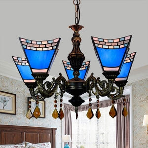 Suspension carrée bleue Tiffany Lampadario avec lumière en verre à cinq têtes pour chambre à coucher Bar Foyer Couloir-Style lustre - Product Image 2