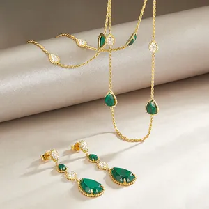 Gold Plated 18k Jewelry Sets Green CZ Zircon Gemstone Long Charm Natural Malachite Necklace Earrings Sets