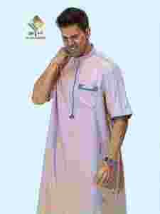Al Haramain <b>Men</b> <b>Thobe</b> Cotton Stand Collar Short Sleeve Floor Length Modest Prayer Wear Solid Color Loose Fit - Product Image 2