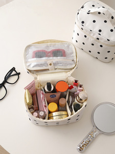 Pochette de toilette isotherme à pois avec fermeture éclair, trousse de maquillage portable en tissu de coton pour voyage - Product Image 2