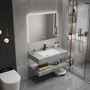 Ensemble de meuble-lavabo de salle de bain moderne en PVC imperméable, panneau en mélamine, facile à nettoyer, lavabo intégré, taille personnalisable, rangement mural - Product Image 2