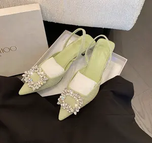 Novas chegadas sexy verão sandálias luxo marcas famosas dedo apontado saltos baixos mulher verde sapatos