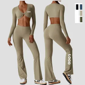 Mulheres Workout Activewear Sports Mangas compridas V pescoço Crop tops Cintura alta Fitness flares Calças Desgaste Atlético 2 pcs conjuntos de ioga