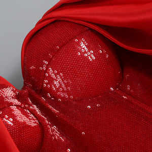 Women's <b>Red</b> <b>Sequin</b> & Satin Dress - Off-the-Shoulder With Dramatic Puffed Sleeves Dresses Fashion - Product Image 5