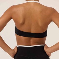 Soutien-gorge de sport pour femme, personnalisé avec logo OEM, bretelles contrastées, col halter, grande taille, coussinets amovibles, haute élasticité, respirant, pour la gym, le yoga et les entraînements