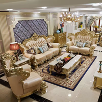 Premium Goldblatt-Finish & Gesteppte Lederpolsterung Wohnzimmermöbel Hochwertiges Barockes Goldgeschnitztes Holzsofa-Set