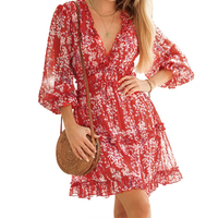 Mode femme printemps automne robe avec dos ouvert taille haute manches longues motif floral fragmenté taille libre