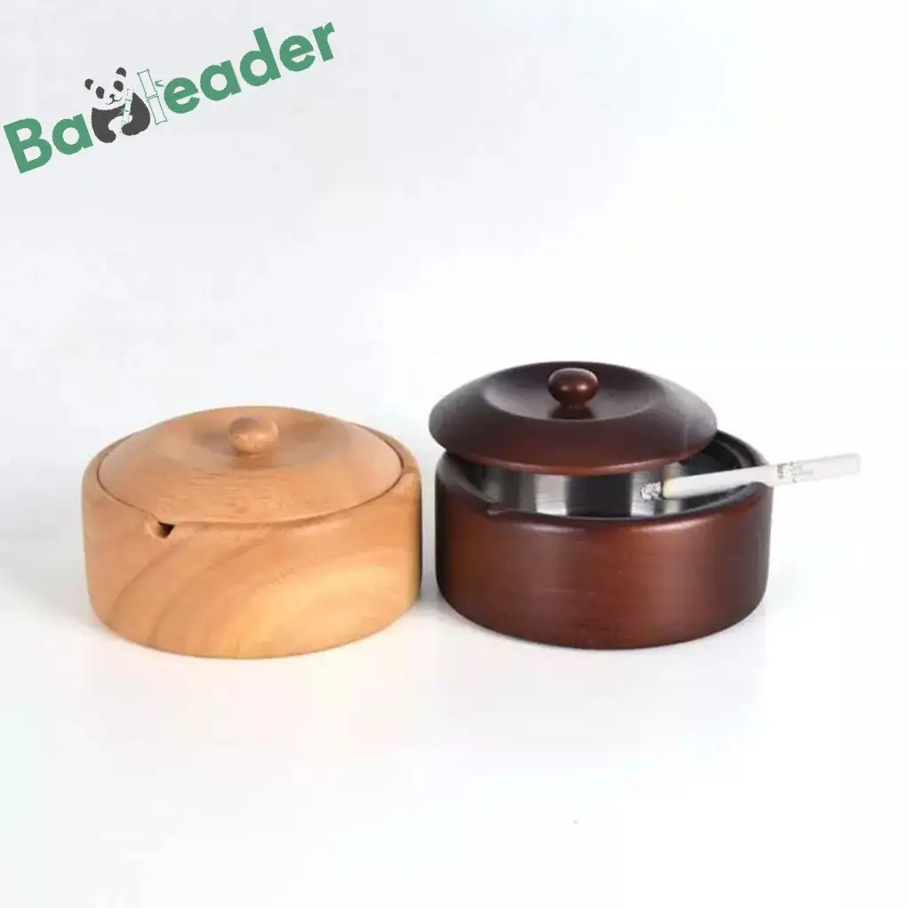 Custom High Quality Round Bamboo Accessories Metal Wooden Ashtrays Holder Support Inox Cigar Ashtray