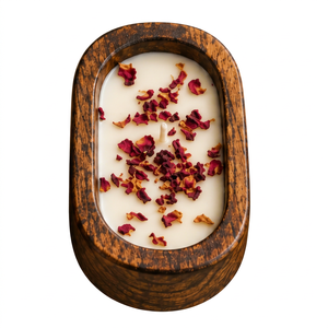 Small Wooden Soy Wax Handmade Eco-Friendly Organic Art <b>Candle</b> 7x5 Inch Modern Decor Dried Rose Petals 40 Hours - Product Image 1