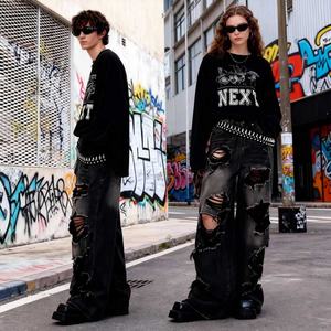 กางเกงยีนส์ดีไซน์ใหม่ปี 2026 สไตล์ฮิปฮอปแนวสตรีท ลุคขาดๆ เซอร์ๆ สีเข้ม ทรงหลวมขากว้าง ยูนิเซ็กส์ - Product Image 2