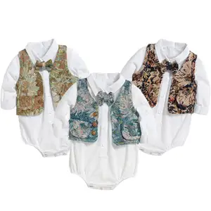 Wholesale Vintage Pastel Floral Themed Vest Newborn Baby Rompers Spring Onesies Baby Boy Clothes With Bow Tie