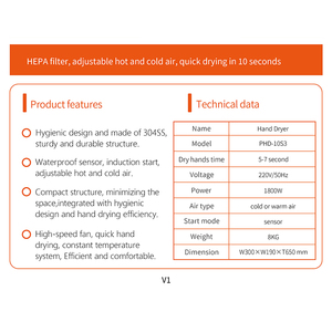 WONE Sèche-mains <span class=keywords><strong>industriel</strong></span> à jet de filtre HEPA à démarrage par induction par ventilateur à grande vitesse étanche pour les industries alimentaires - Product Image 6