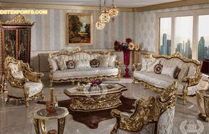 ชุดโซฟาสไตล์พระราชวังหลวง,ชุดโซฟาแกะสลักสีทองสไตล์ยุโรปเฟอร์นิเจอร์ห้องนั่งเล่นหนังดีไซน์เนอร์ภายในบ้าน - Product Image 5