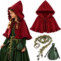 Ensemble de costumes de fée médiévale pour filles, cape à capuche de petit chaperon rouge, robe longue verte, ceinture tressée en feuilles, pochette en cuir