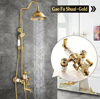 Ensemble de douche antique en cuivre européen Golden Shower avec finition polie brossée, robinet chaud/froid et finition plaquée or