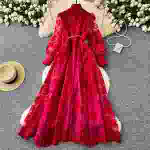 Vestido Midi Casual Entallado de Primavera 2025 para Mujer con Manga Linterna, Bordado y Malla, Rojo - Product Image 3