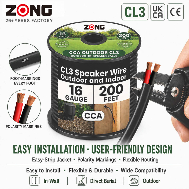 16 AWG Copper Clad Aluminum (CCA) 2-Conductor Speaker Wire 100m Hi-Fi Stereo AUX CL2/CL3 Rated Flexible Stranded Audio Cable