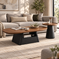 Ensemble table basse ovale et table d'appoint en bois massif, surface noire, base angulaire avec tiroir de rangement pour salon moderne