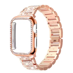 Bracelet de rechange en métal pour Apple Watch série 7 avec étui de protection en diamant Bling pour iWatch série 7 41 45mm