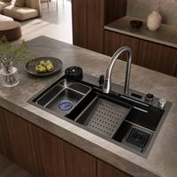 Évier de cuisine Maite moderne intelligent en acier inoxydable, fait main, à cuve unique, multifonctionnel, à poser sur comptoir, avec robinet et rince-verre