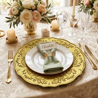 Assiettes de présentation jetables de luxe en plastique PP de 13 pouces, durables, personnalisées, motif floral moderne et récifal doré, pour mariage et fête, Fujianwedding